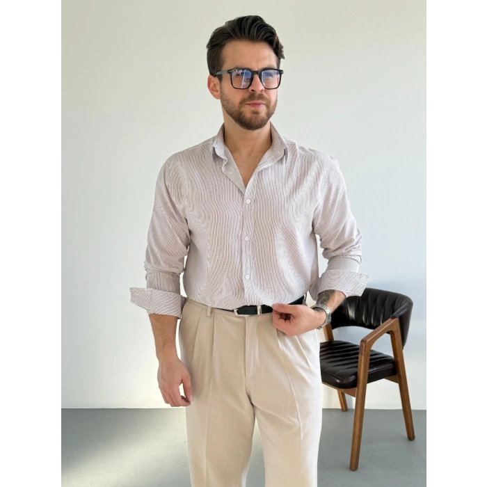 BORDO İNCE ÇİZGİLİ REGULAR GÖMLEK