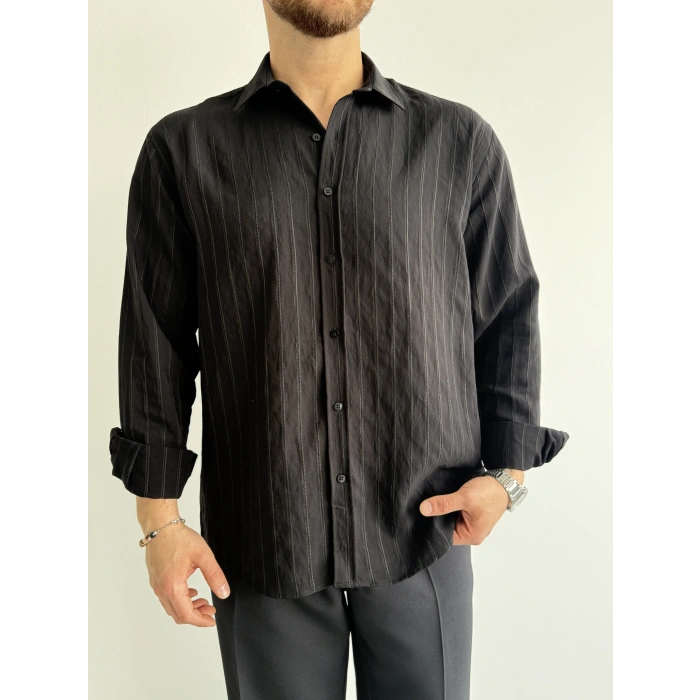 SİYAH VİSKON KUMAŞ REGULER ÇİZGİLİ GÖMLEK