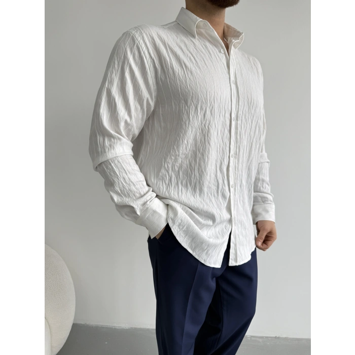 BEYAZ VİSKON KUMAŞ REGULER ÇİZGİLİ GÖMLEK