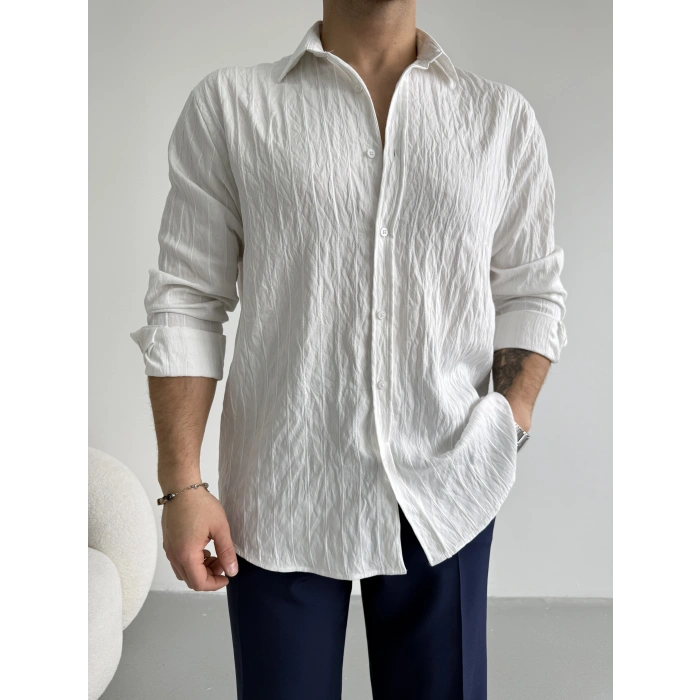 BEYAZ VİSKON KUMAŞ REGULER ÇİZGİLİ GÖMLEK