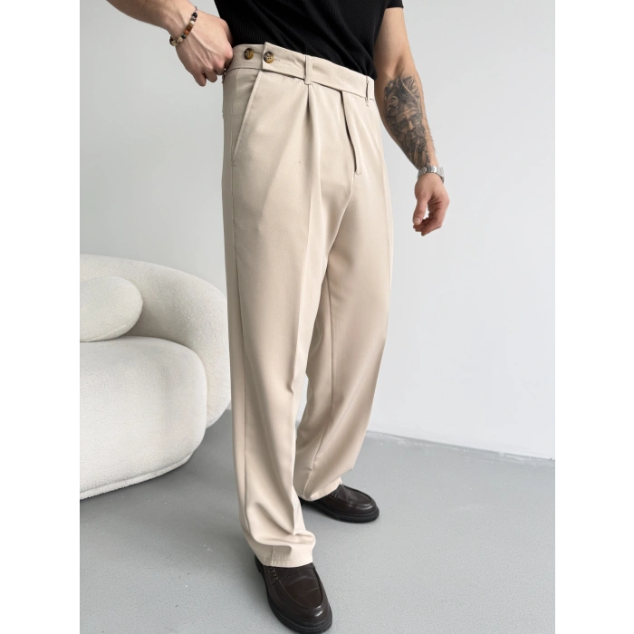 BEJ UZUN KEMERLİ BAGGY KALIP KUMAŞ PANTOLON