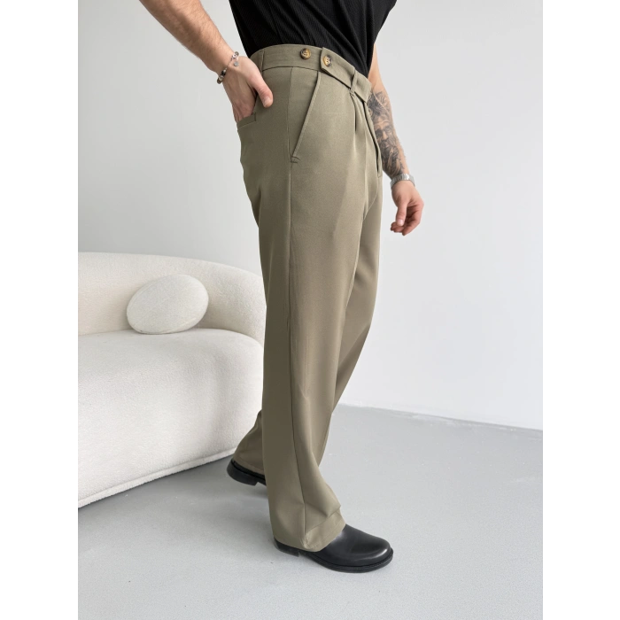 HAKİ YEŞİL UZUN KEMERLİ BAGGY KALIP KUMAŞ PANTOLON