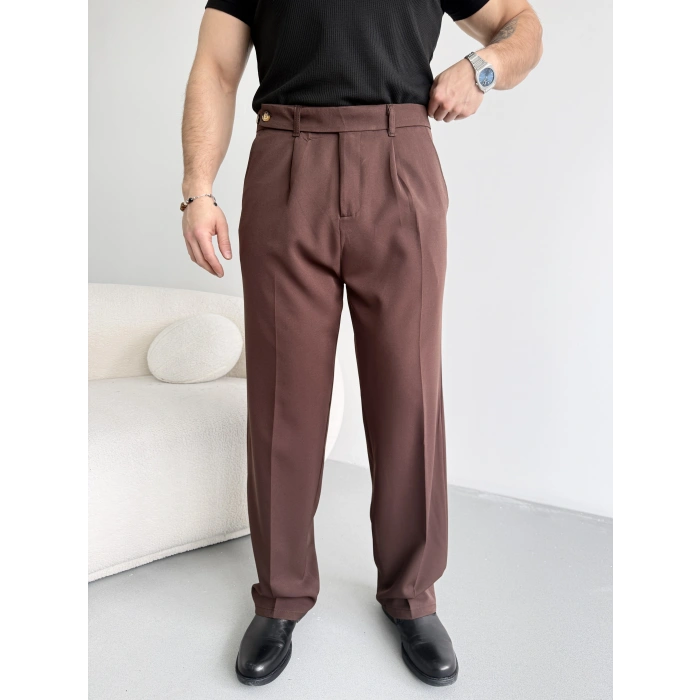 ACI KAHVE UZUN KEMERLİ BAGGY KALIP KUMAŞ PANTOLON