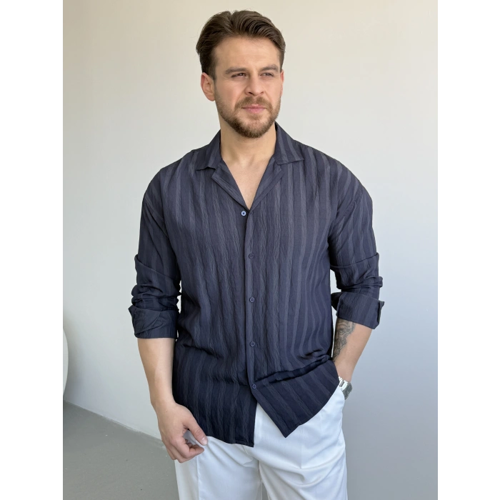 LACİVERT APAŞ YAKA ŞERİT DETAYLI GÖMLEK