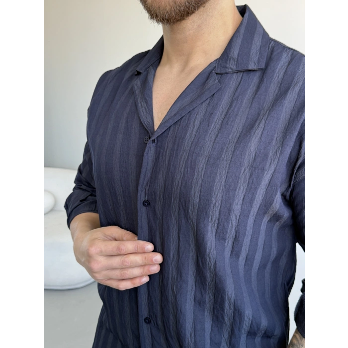 LACİVERT APAŞ YAKA ŞERİT DETAYLI GÖMLEK