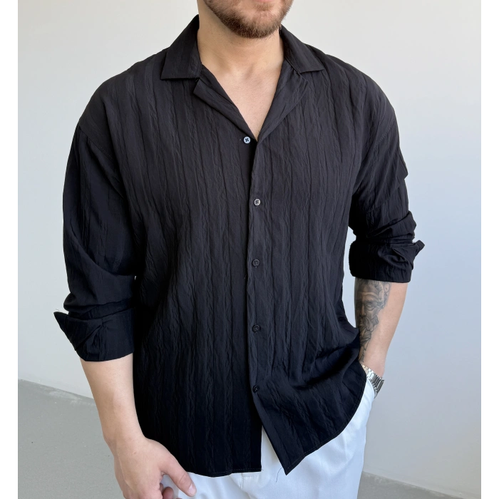 SİYAH APAŞ YAKA ŞERİT DETAYLI GÖMLEK