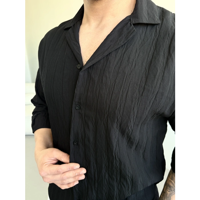 SİYAH APAŞ YAKA ŞERİT DETAYLI GÖMLEK