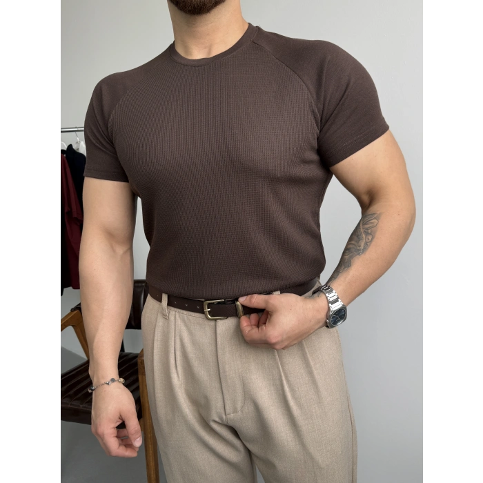 ACI KAHVE WAFFLE KUMAŞ REGLAN KOL BASİC TİŞÖRT
