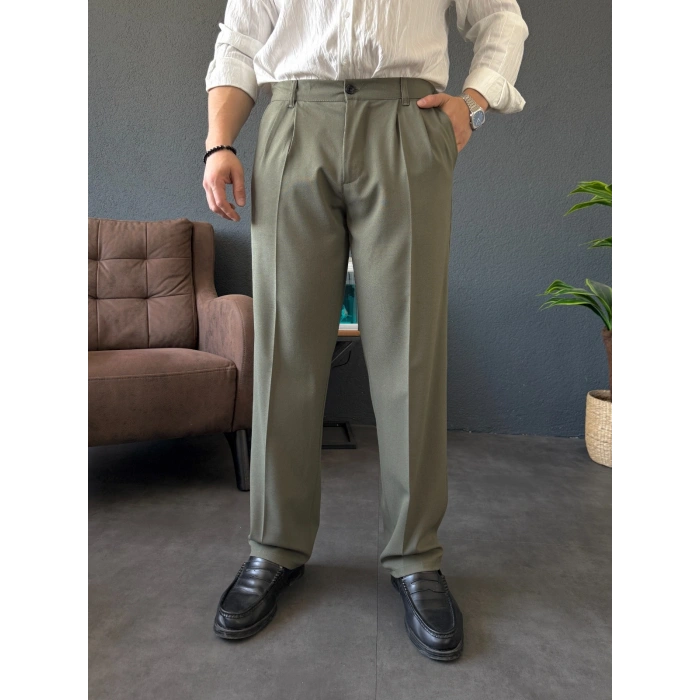 HAKİ YEŞİL ÇİFT PİLELİ BAGGY KALIP KUMAŞ PANTOLON