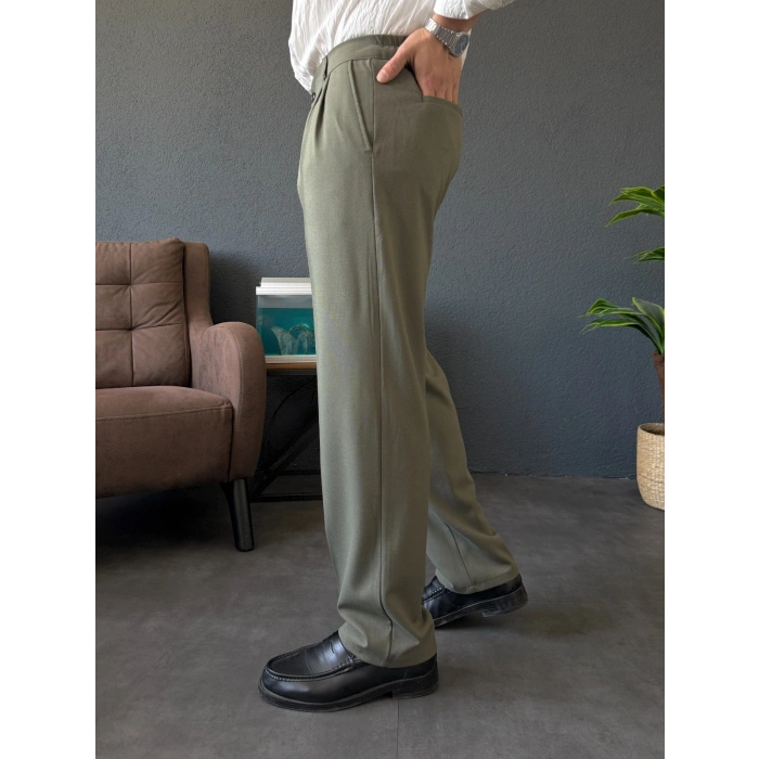 HAKİ YEŞİL ÇİFT PİLELİ BAGGY KALIP KUMAŞ PANTOLON
