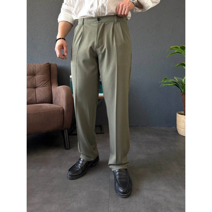 HAKİ YEŞİL ÇİFT PİLELİ BAGGY KALIP KUMAŞ PANTOLON