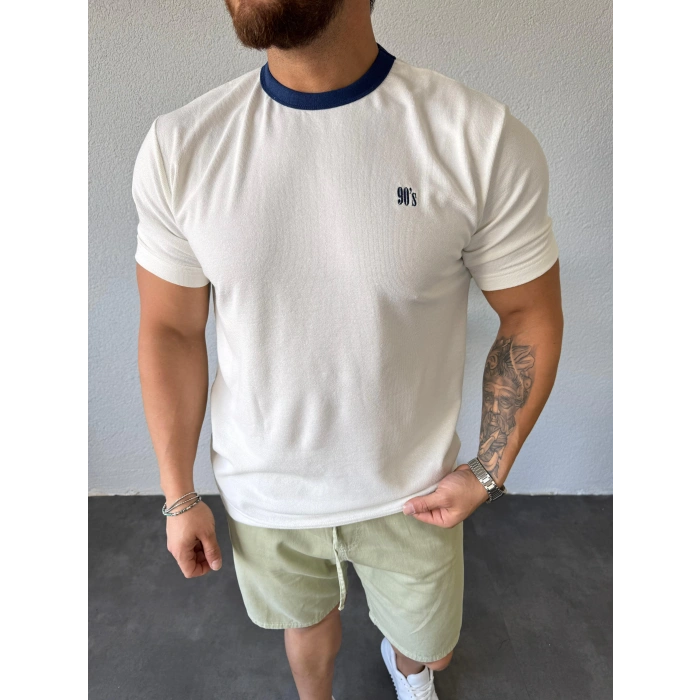90s Tişört Beyaz - Lacivert Yaka