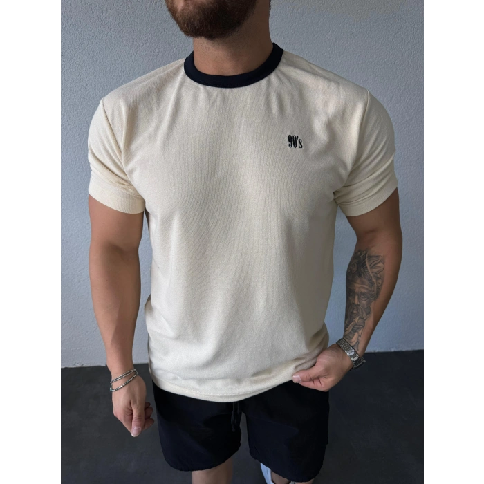 90s Tişört Krem - Siyah Yaka