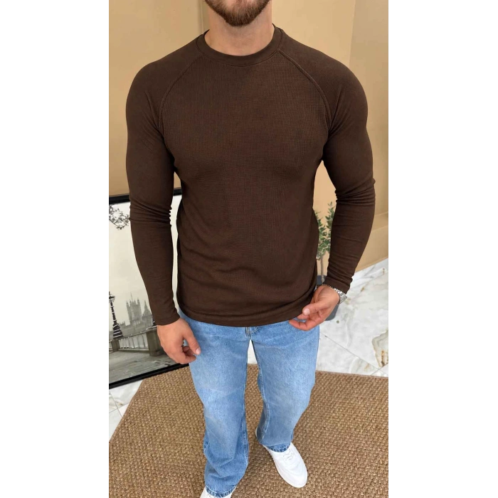 ACI KAHVE REGLAN KOL WAFFLE DOKULU SWEAT
