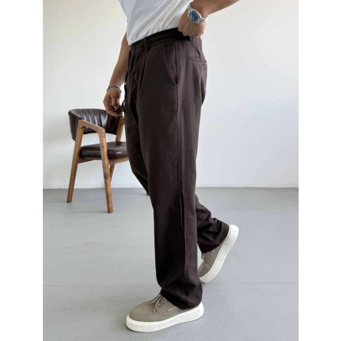 ACI KAHVE TEK PİLELİ BAGGY KALIP KETEN PANTOLON