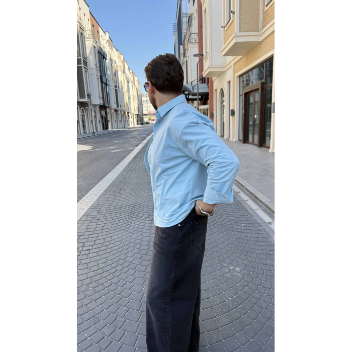 BEBE MAVİ GABARDİN CROP GÖMLEK