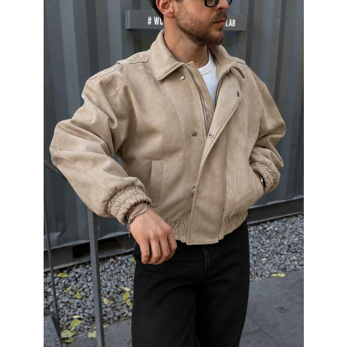 BEJ NUBUK SÜET BOX FİT BOMBER CEKET