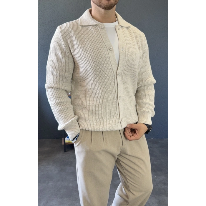 BEJ POLO YAKA DÜĞMELİ ÖRGÜ TRİKO HIRKA
