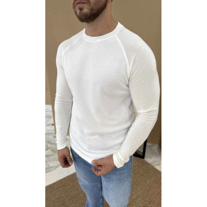 BEYAZ REGLAN KOL WAFFLE DOKULU SWEAT