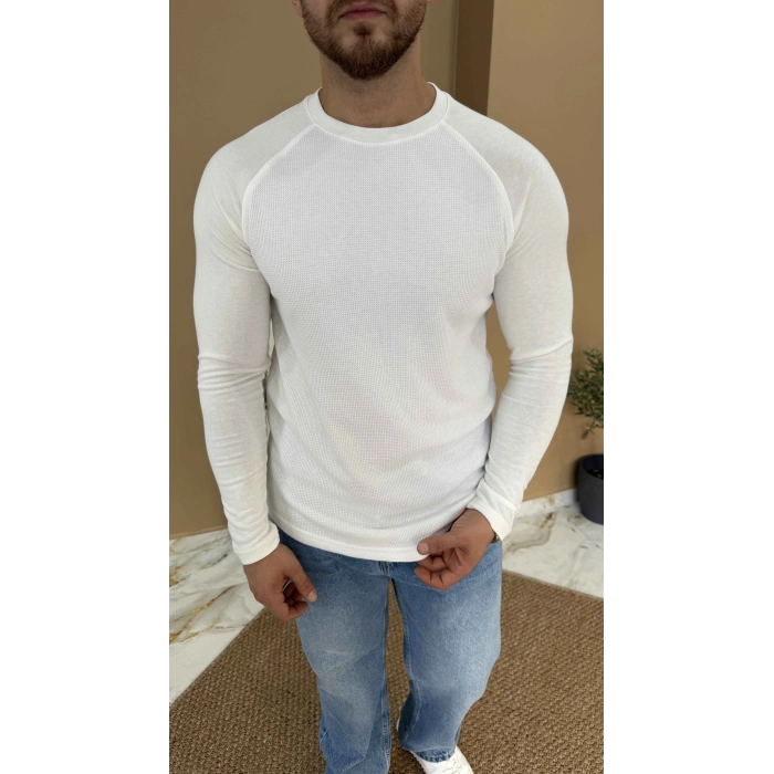 BEYAZ REGLAN KOL WAFFLE DOKULU SWEAT