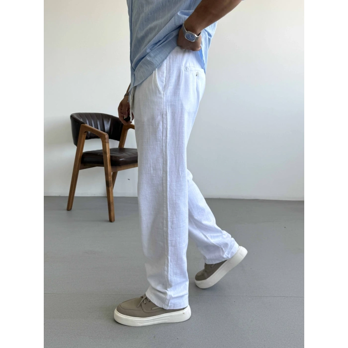 BEYAZ TEK PİLELİ BAGGY KALIP KETEN PANTOLON