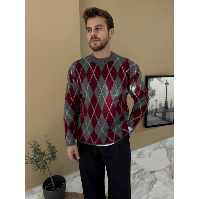 BORDO BAKLAVA DESENLİ BİSİKLET YAKA TRİKO KAZAK