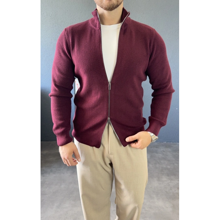 BORDO DİK YAKA ÇİFT FERMUARLI TRİKO HIRKA