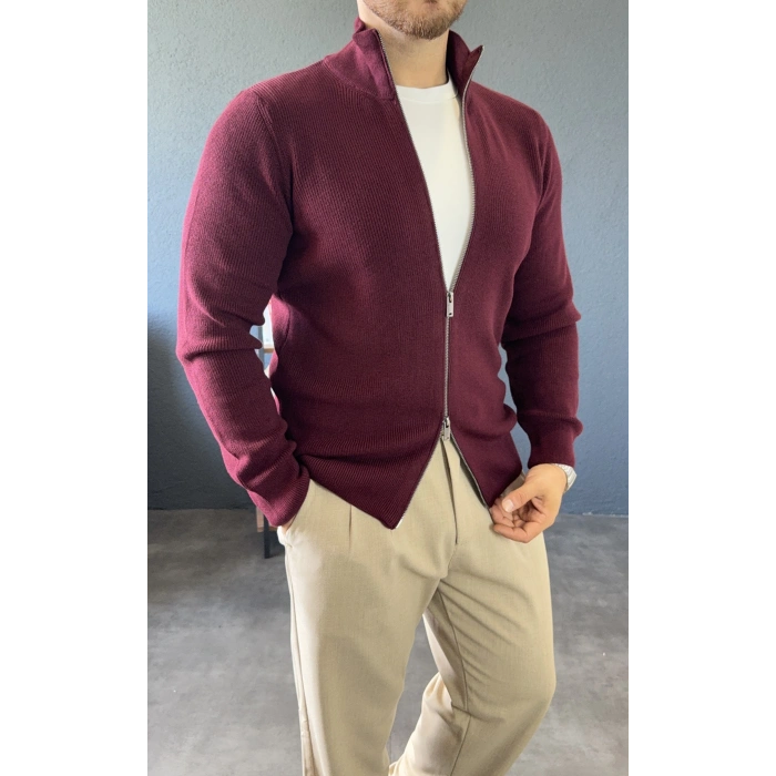 BORDO DİK YAKA ÇİFT FERMUARLI TRİKO HIRKA