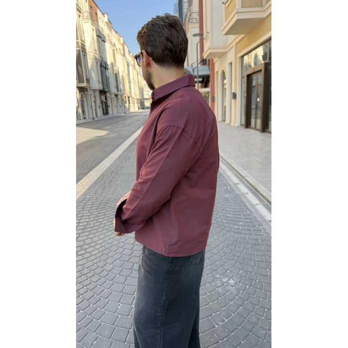BORDO GABARDİN CROP GÖMLEK