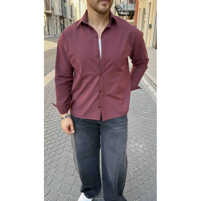 BORDO GABARDİN CROP GÖMLEK