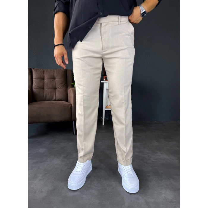 Boyfriend Kalıp Duble Paça Kumaş Pantolon Bej