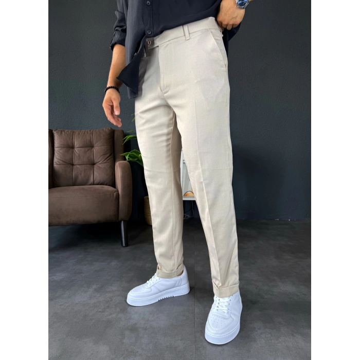 Boyfriend Kalıp Duble Paça Kumaş Pantolon Bej