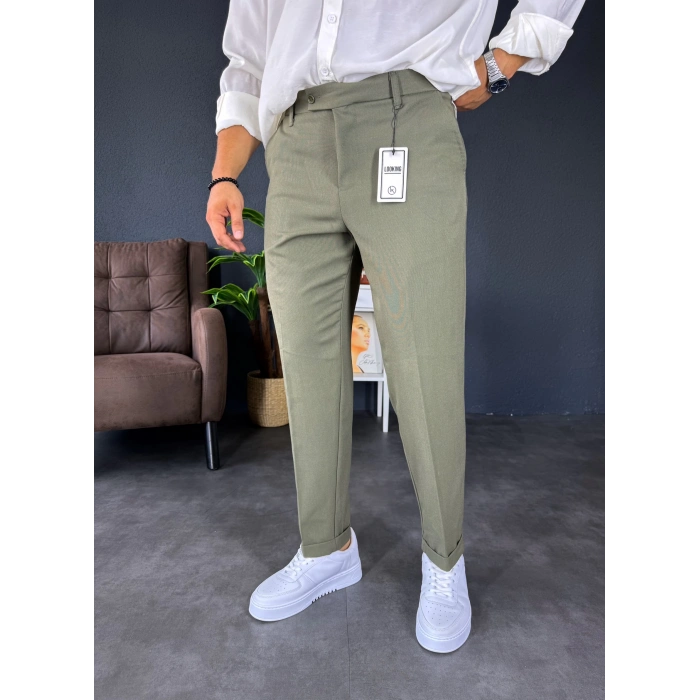 Boyfriend Kalıp Duble Paça Kumaş Pantolon Haki