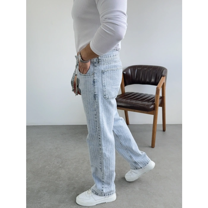 Buz Mavi Kendinden Kemerli Düz Çimalı Kot Pantolon