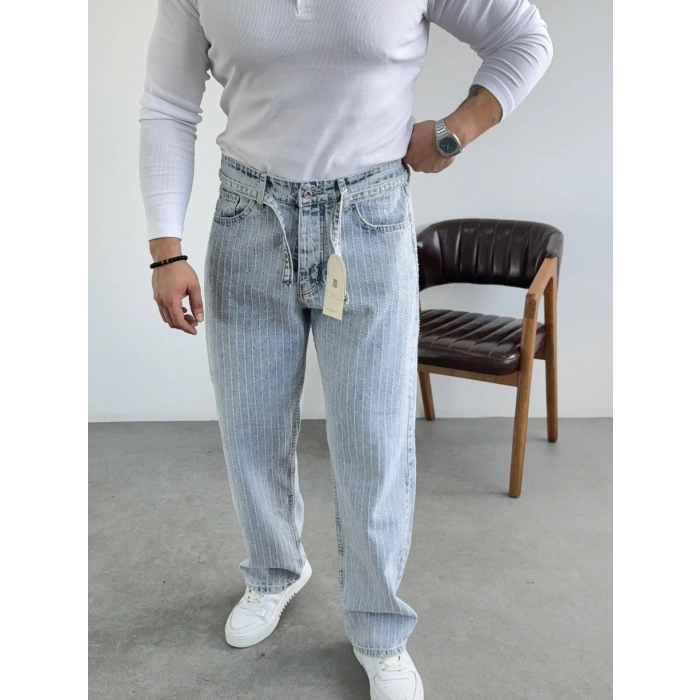 Buz Mavi Kendinden Kemerli Düz Çimalı Kot Pantolon