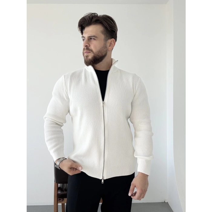 Çift Fermuarlı Örme Ceket Beyaz