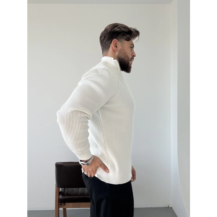 Çift Fermuarlı Örme Ceket Beyaz