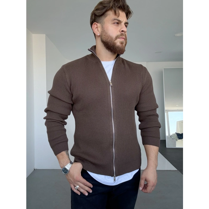 Çift Fermuarlı Örme Ceket Kahverengi