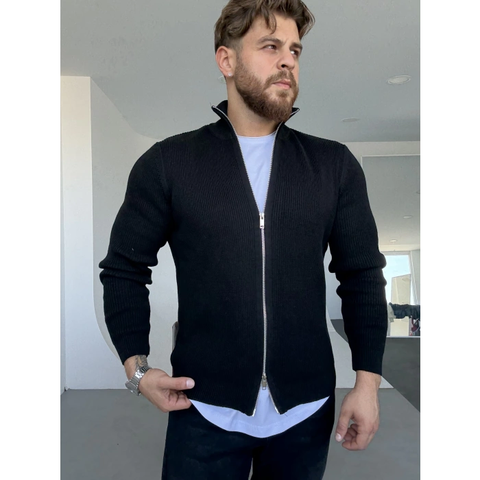 Çift Fermuarlı Örme Ceket Siyah