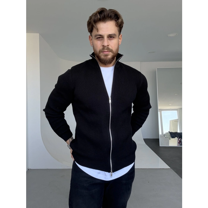 Çift Fermuarlı Örme Ceket Siyah