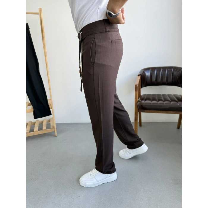 Çizgi Şerit Detaylı Kumaş Pantolon Acı Kahve