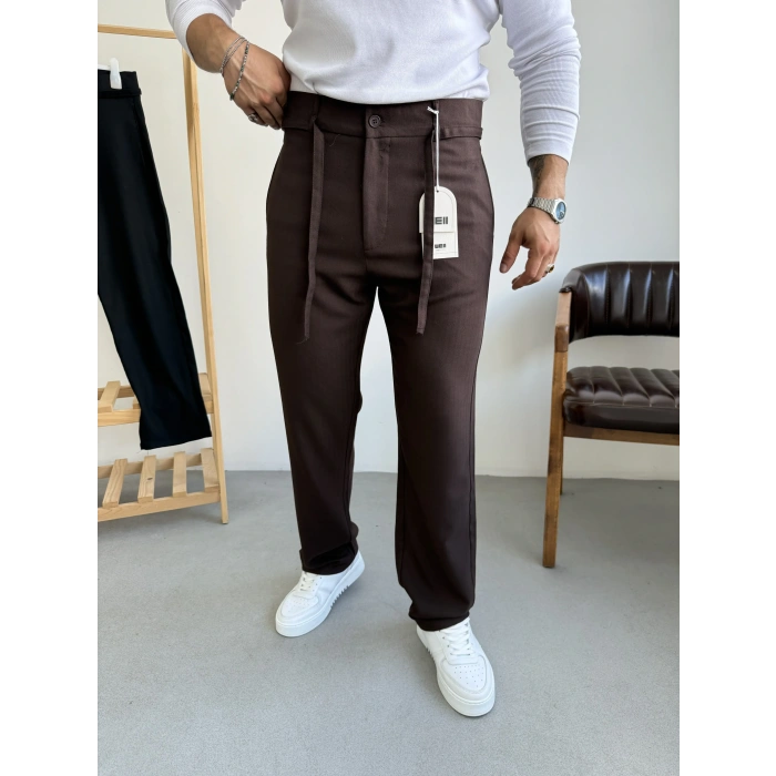 Çizgi Şerit Detaylı Kumaş Pantolon Acı Kahve