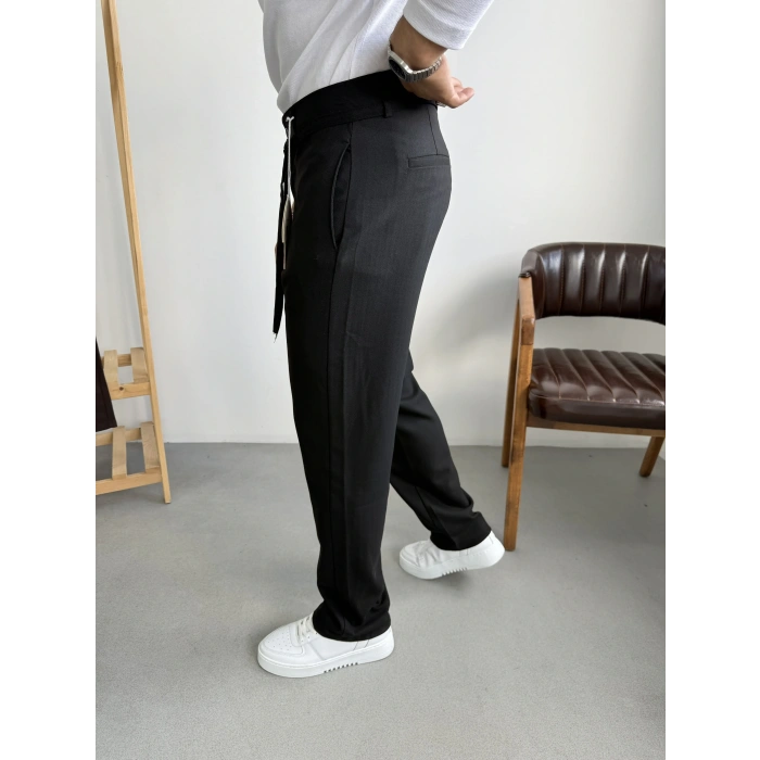 Çizgi Şerit Detaylı Kumaş Pantolon Siyah