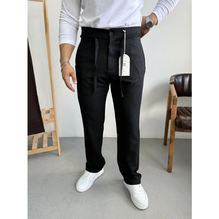 Çizgi Şerit Detaylı Kumaş Pantolon Siyah