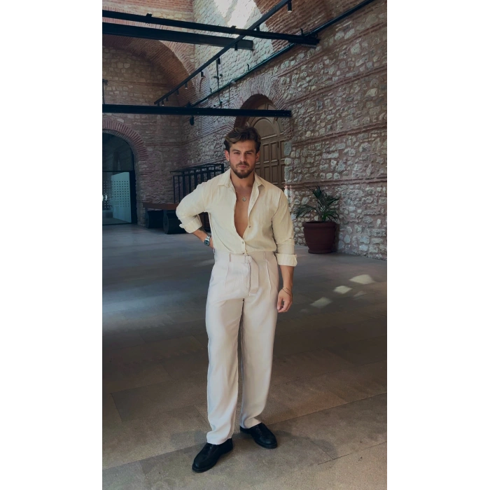 Çizgili Bej Gömlek - Modal Kumaş Kendinden Kemerli Taş Gri Pantolon Kombin