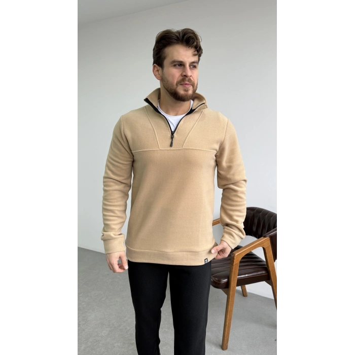 Dik Yaka Yarım Fermuar Polar Bej