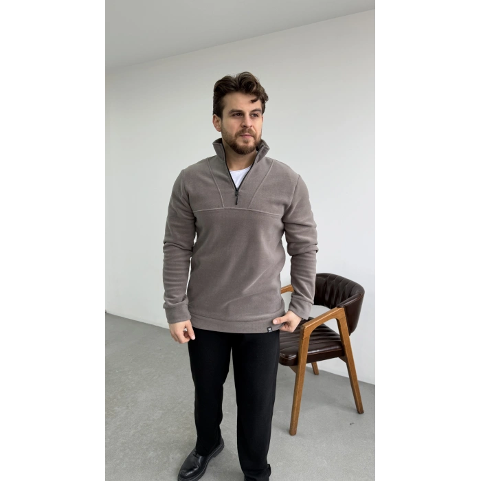 Dik Yaka Yarım Fermuar Polar Gri
