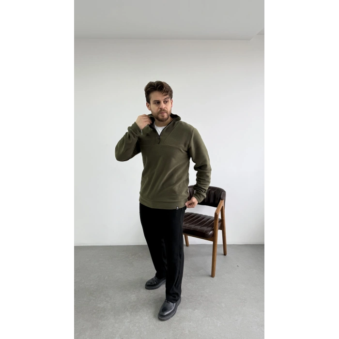 Dik Yaka Yarım Fermuar Polar Haki Yeşil