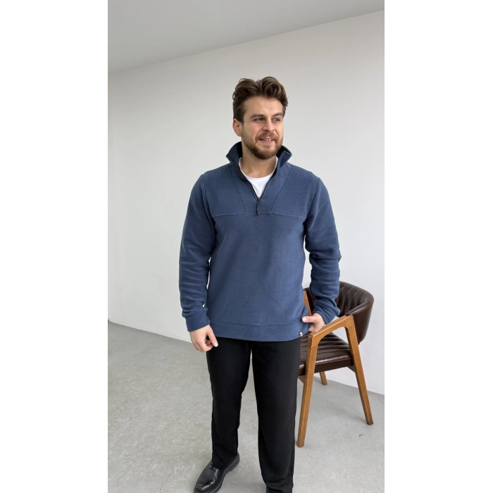 Dik Yaka Yarım Fermuar Polar İndigo