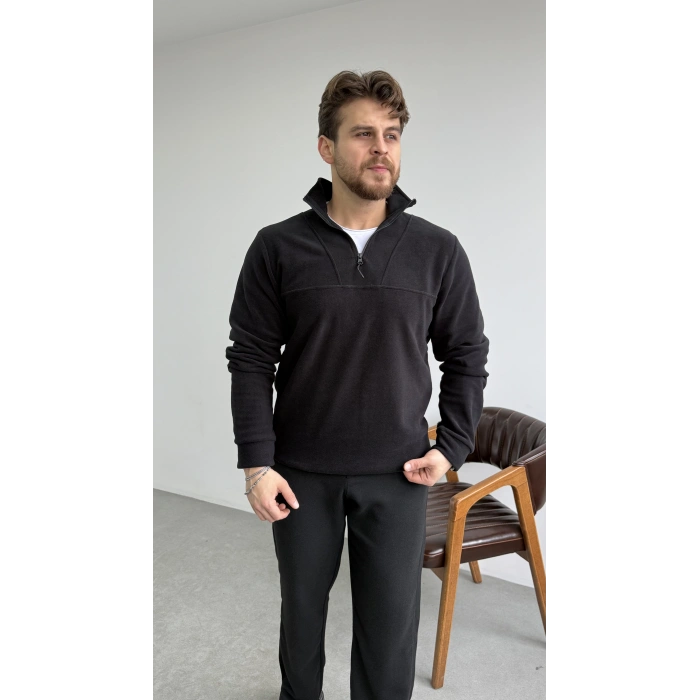 Dik Yaka Yarım Fermuar Polar Siyah